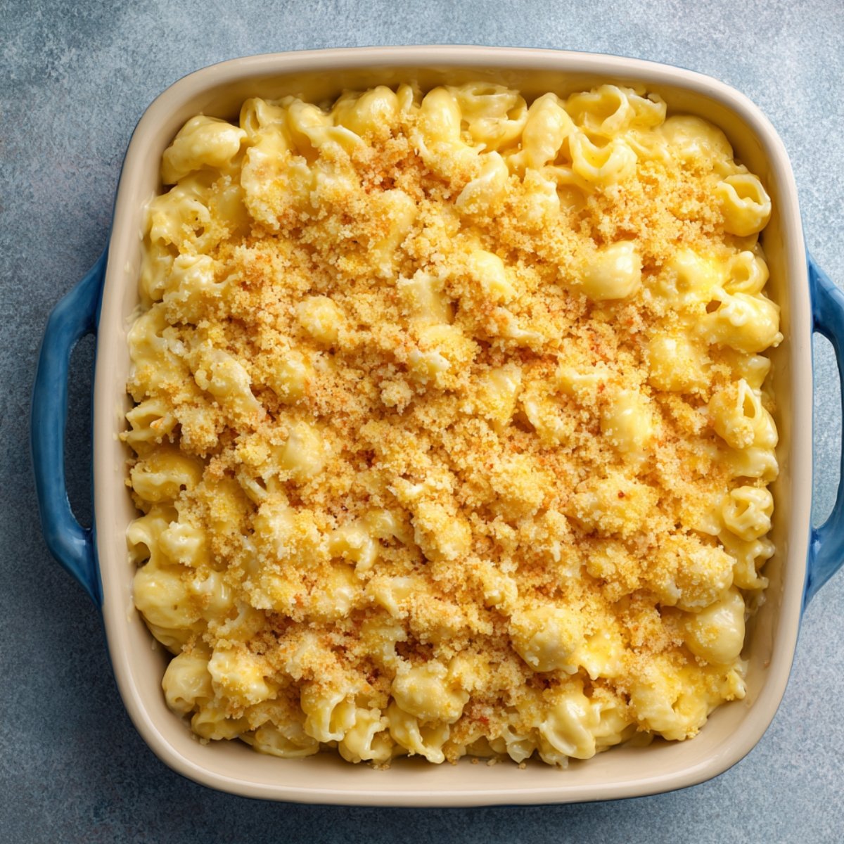 A baking dish of creamy macaroni and cheese with a golden breadcrumb topping, fresh from the oven.
