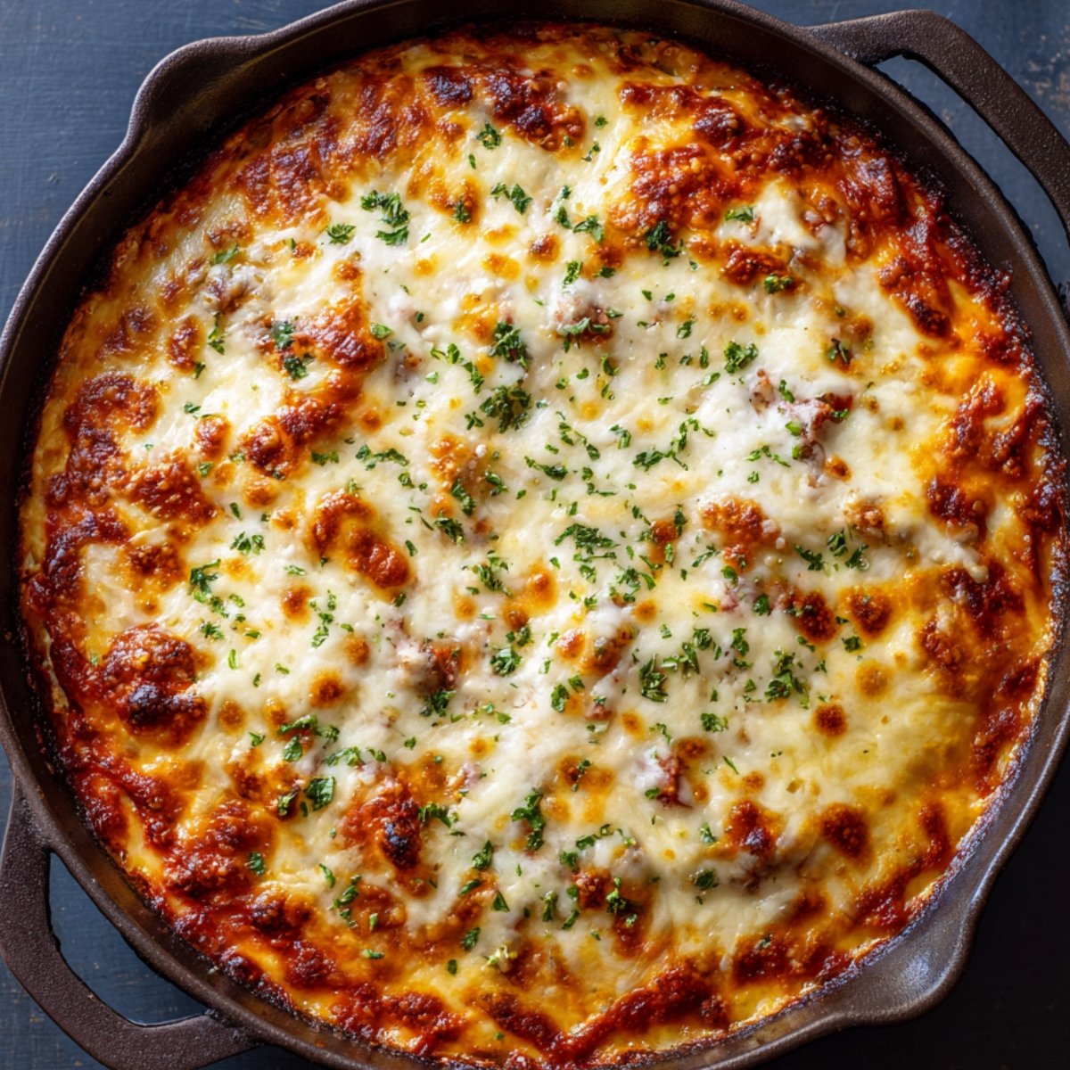 A skillet filled with golden-brown baked macaroni and cheese, topped with melted cheese and sprinkled with chopped parsley.