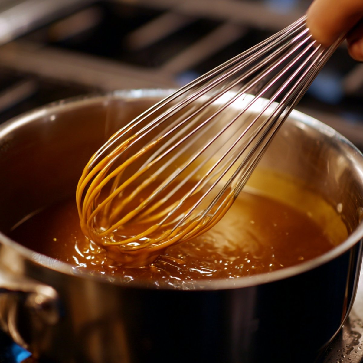 A whisk lifting thick, golden caramel sauce from a saucepan on the stove.