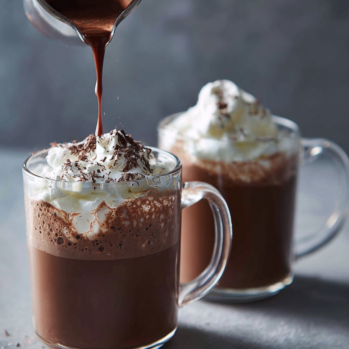 A glass mug of rich hot chocolate topped with whipped cream and chocolate shavings, while more chocolate sauce is being poured on top. Another mug of hot chocolate sits in the background.
