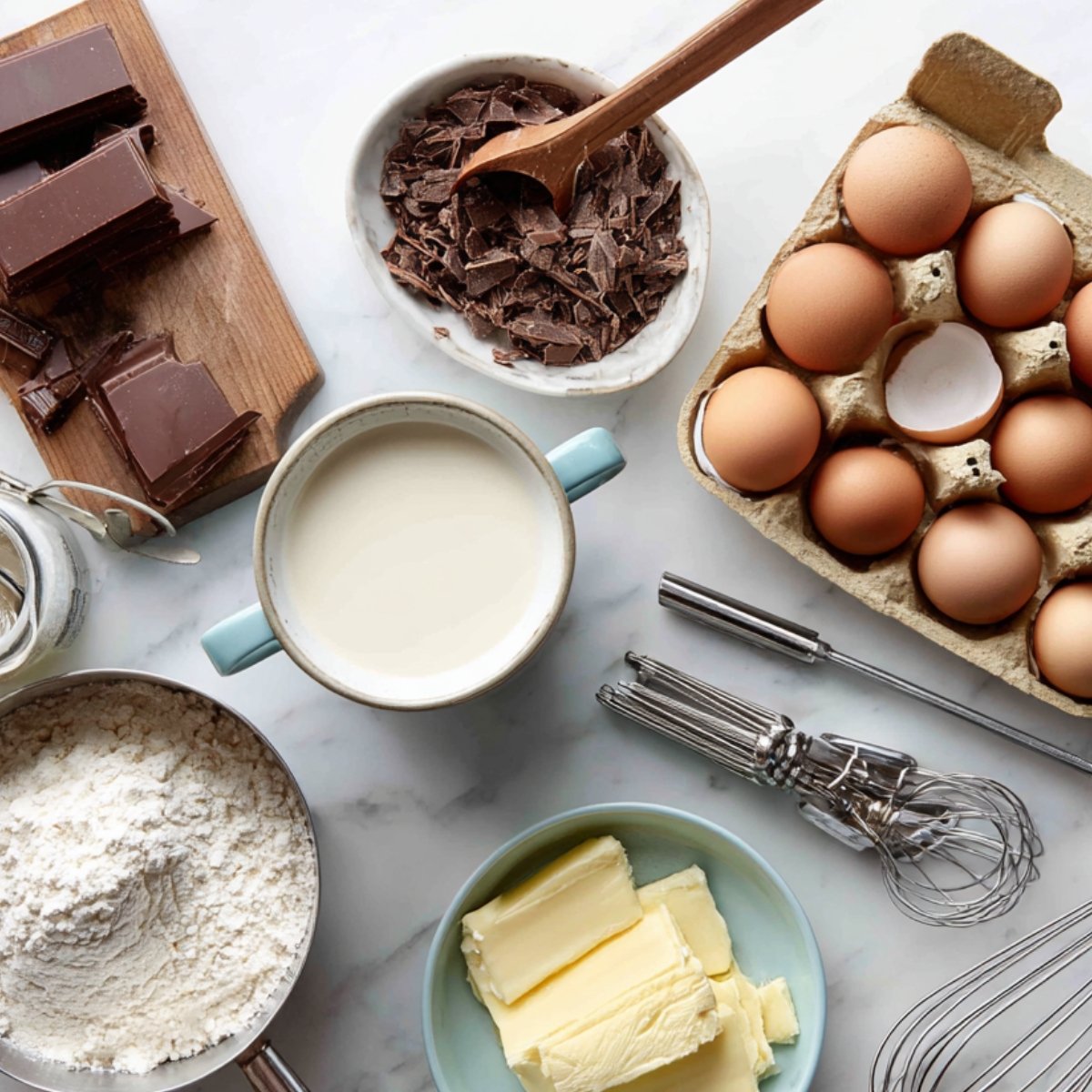 Baking ingredients on a marble surface, including chocolate chunks, flour, butter, eggs, milk, and a whisk.