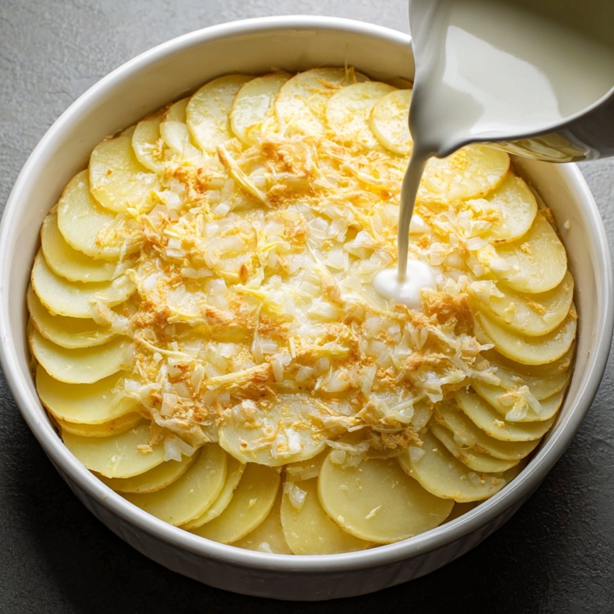 Sliced potatoes arranged in baking dish with diced onions and shredded cheese, milk being poured over.