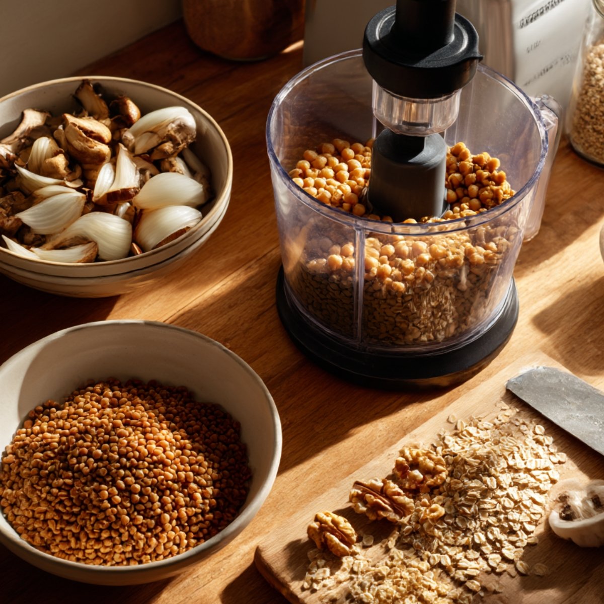 Food processor with chickpeas, lentils, and oats ready to blend, with bowls of mushrooms, onions, and walnuts nearby.