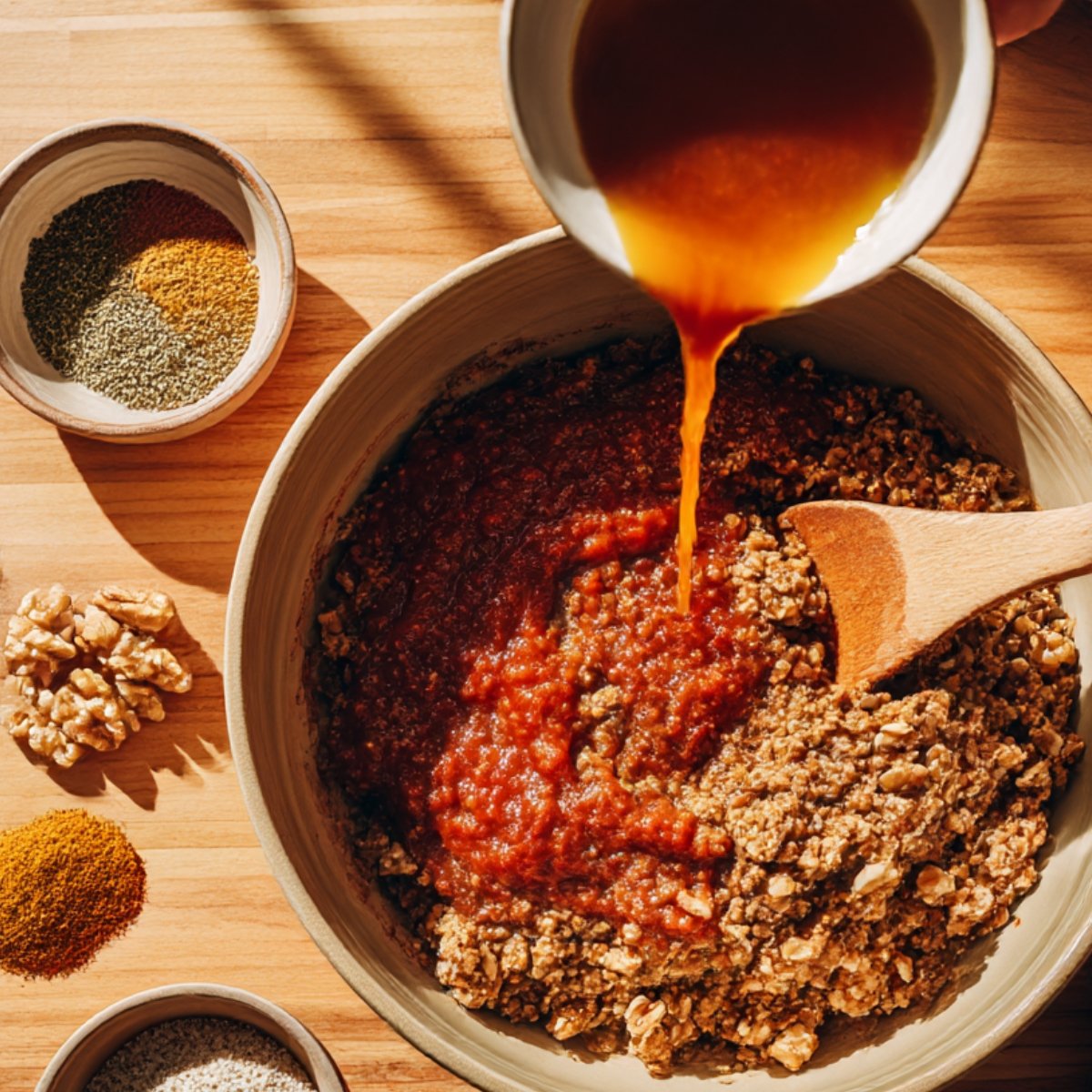 Mixing bowl with ground lentil and walnut mixture being combined with tomato paste and liquid, surrounded by spices.