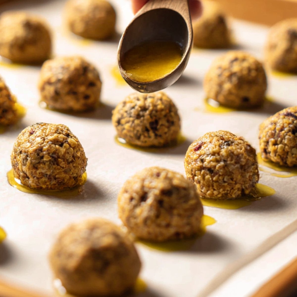 Unbaked vegan meatballs on a parchment-lined tray being brushed with olive oil before baking.