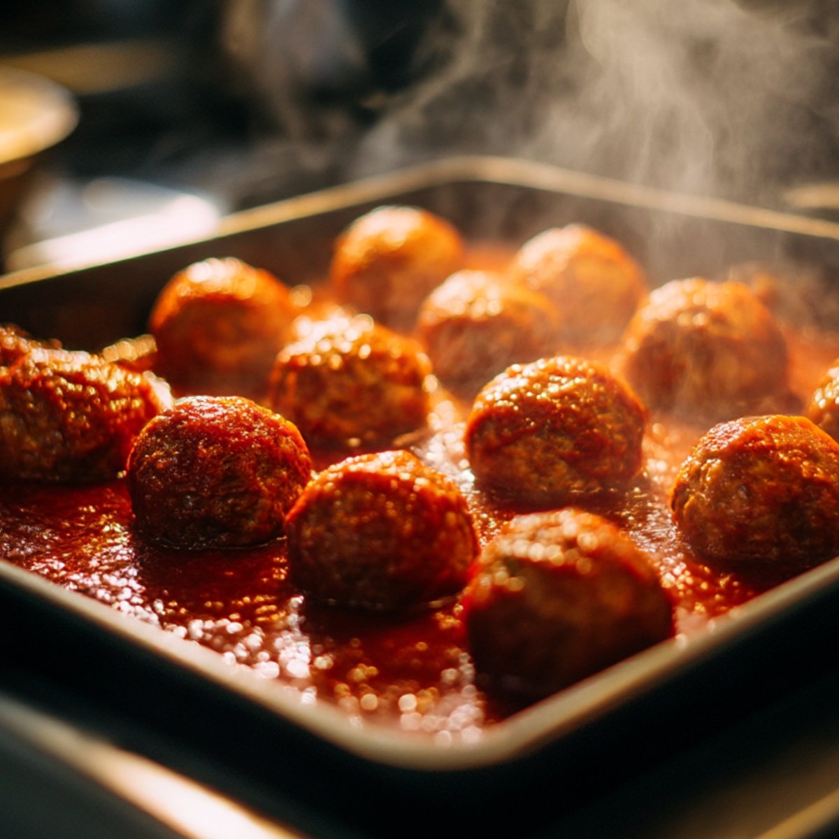 Baking tray filled with steaming vegan meatballs coated in rich tomato sauce, fresh from the oven.