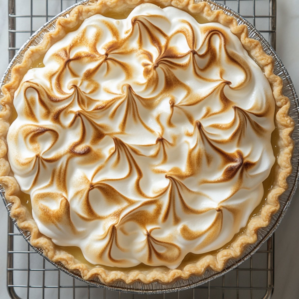 A freshly baked lemon meringue pie with beautifully browned peaks of toasted meringue swirled across the top. The pie is in a foil pan and sits on a cooling rack.