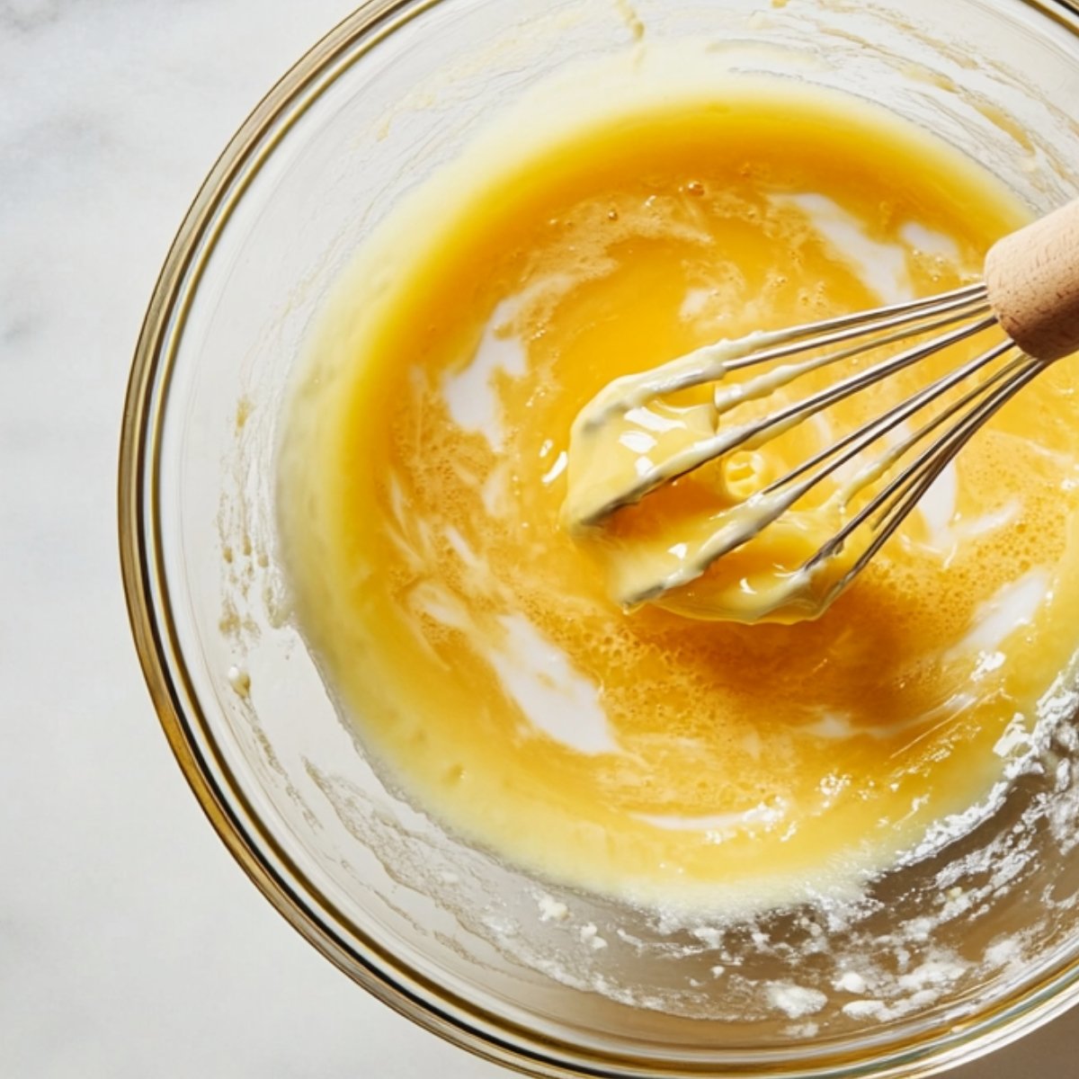A glass mixing bowl with a whisk stirring a thick, yellow lemon custard mixture.