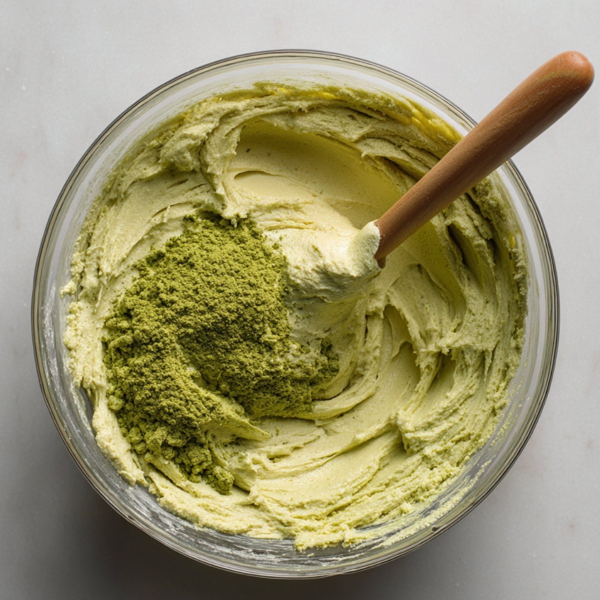 Bowl of cookie dough with matcha powder being mixed in.