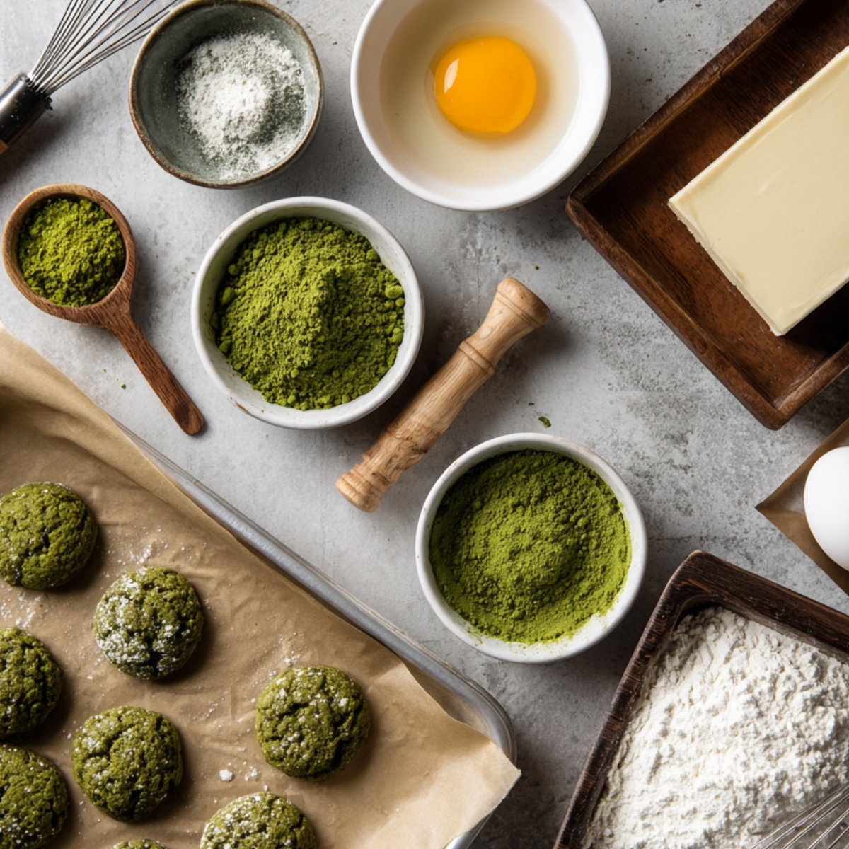 Overhead view of matcha cookie ingredients: flour, eggs, butter, sugar, and matcha powder on a counter.