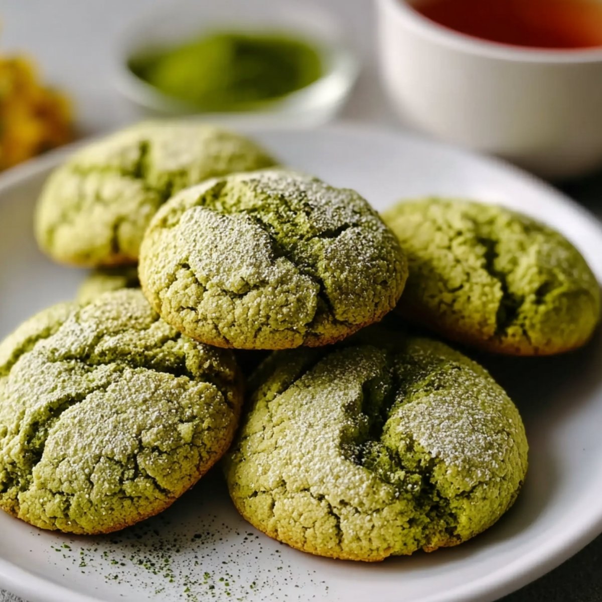 Plate of soft green matcha cookies dusted with powdered sugar.