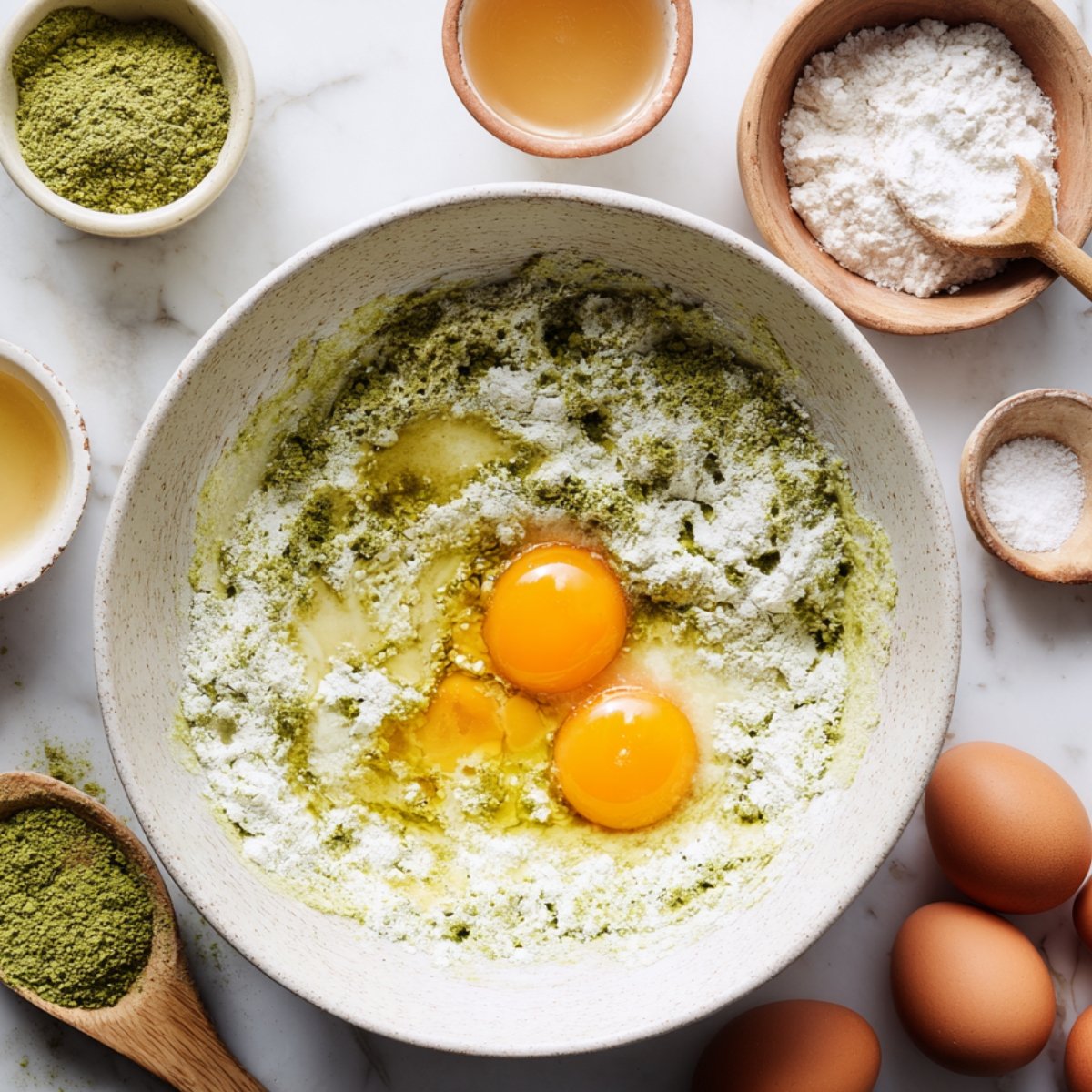 Mixing bowl with flour, eggs, and matcha powder ready to be blended.