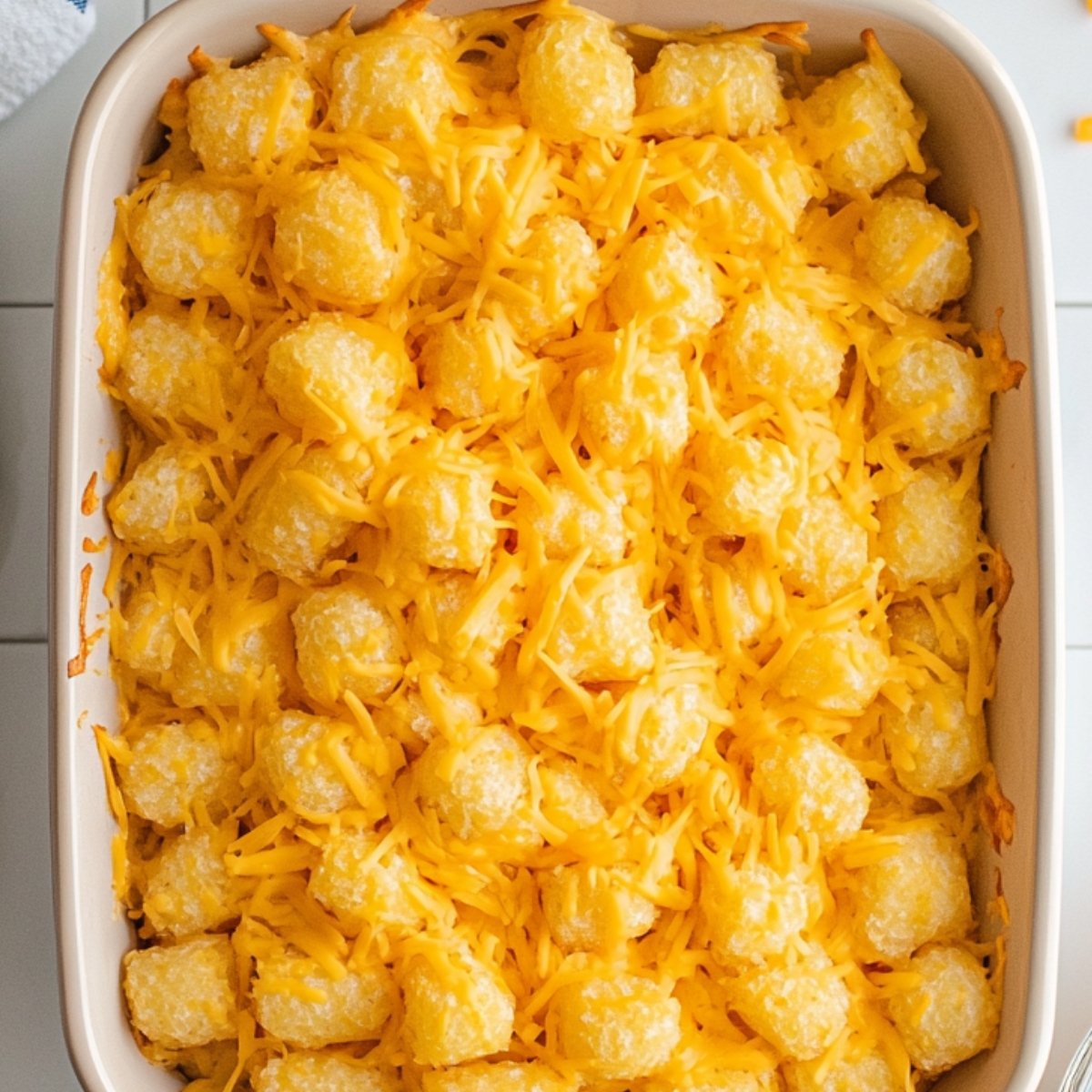 A casserole dish filled with golden tater tots sprinkled with shredded cheddar cheese before baking.