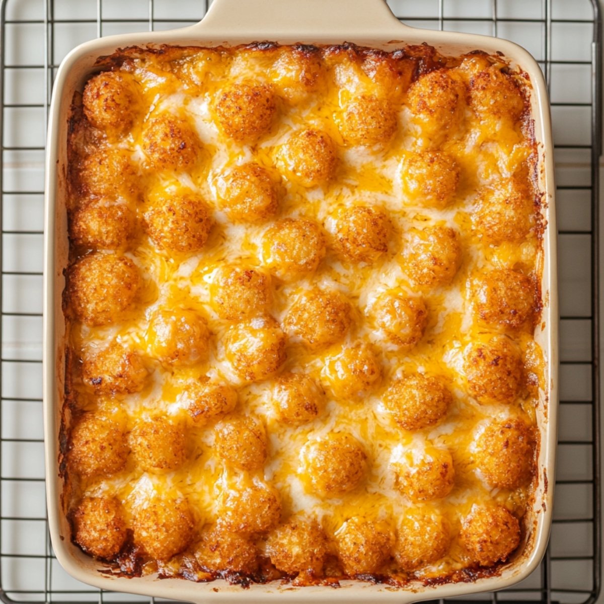 Overhead view of a rectangular baking dish filled with perfectly browned, cheesy tater tots fresh from the oven.