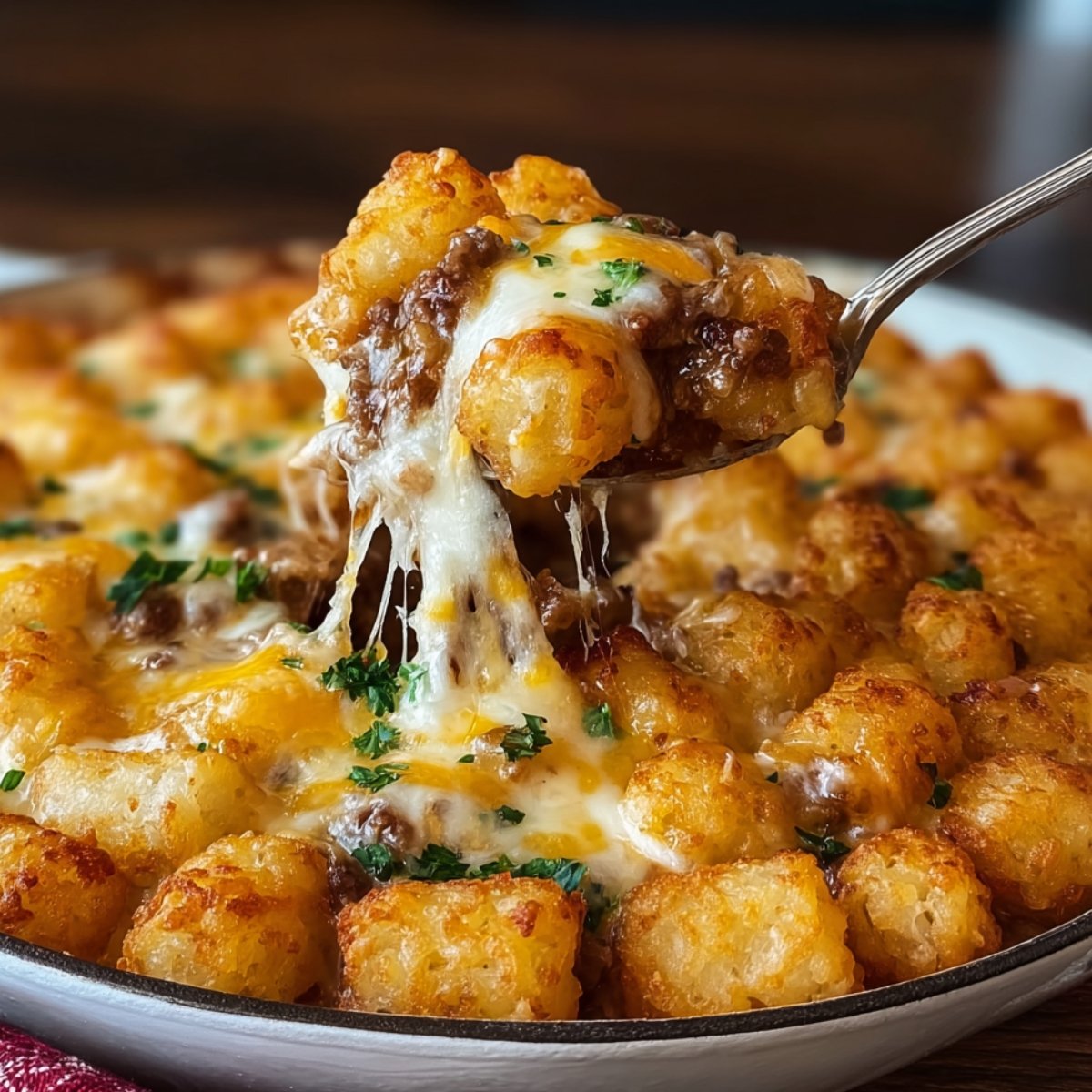 A close-up of a spoon lifting a cheesy, beefy portion of tater tot casserole, with golden crispy tots on top and melted cheese stretching.