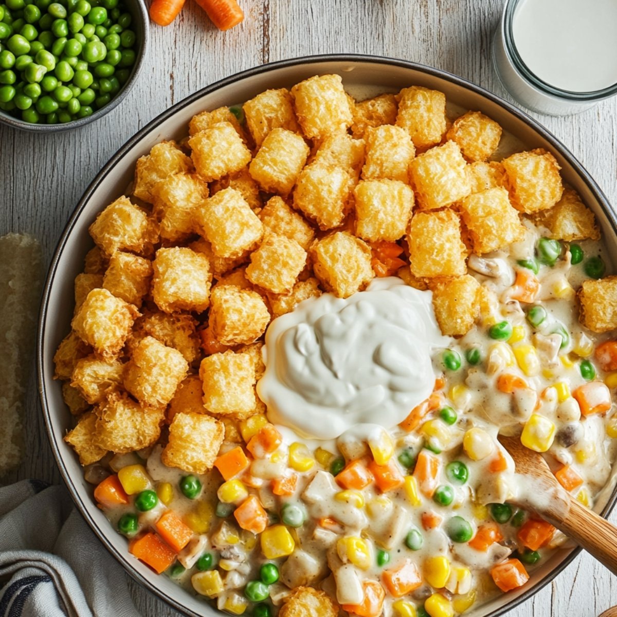 A round dish being assembled with tater tots on one side and creamy vegetable filling with peas, carrots, and corn on the other, topped with cream of mushroom soup.