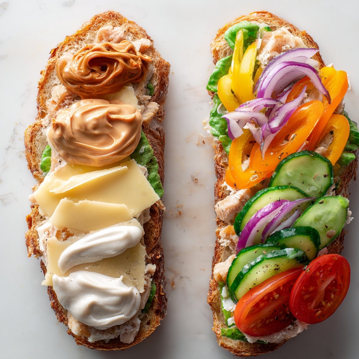Open-faced sandwich slices topped with spreads, cheese, and colorful vegetables like cucumbers, tomatoes, peppers, and onions.