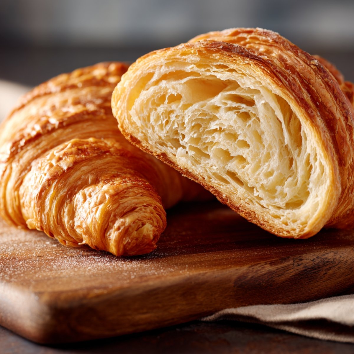 Freshly baked croissant on a wooden board, cut in half to show its flaky layers inside.