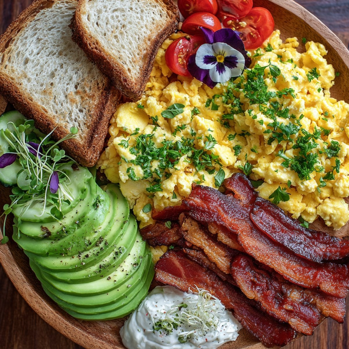 Breakfast platter with scrambled eggs, bacon, avocado slices, toast, tomatoes, and fresh greens arranged beautifully.