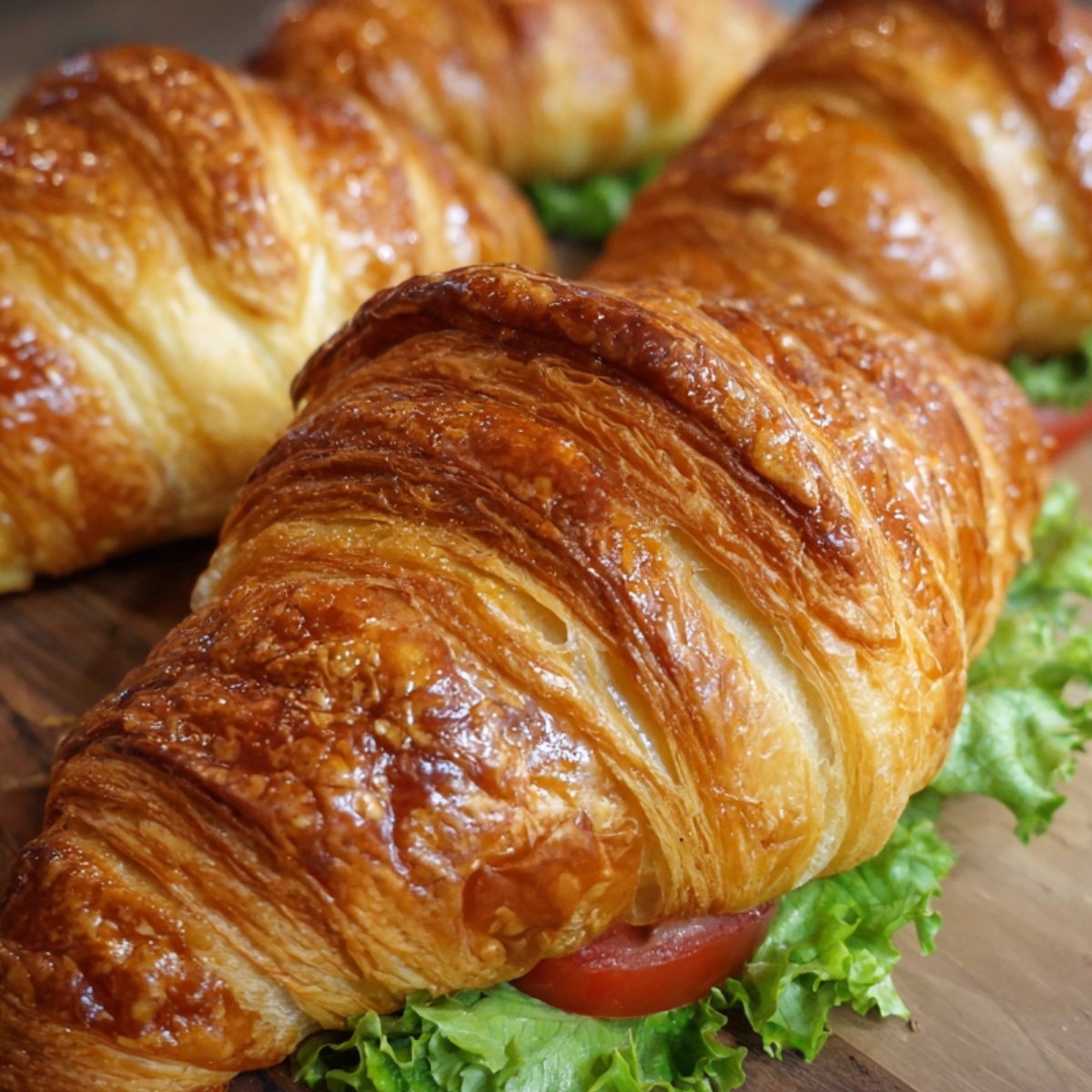 Close-up of croissant sandwiches with lettuce and tomato tucked inside buttery golden croissants.