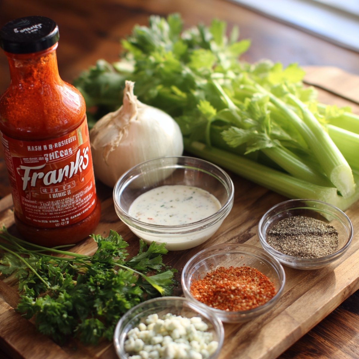 "Ingredients for buffalo cauliflower: Frank's RedHot sauce, ranch dressing, celery, parsley, spices, and blue cheese."