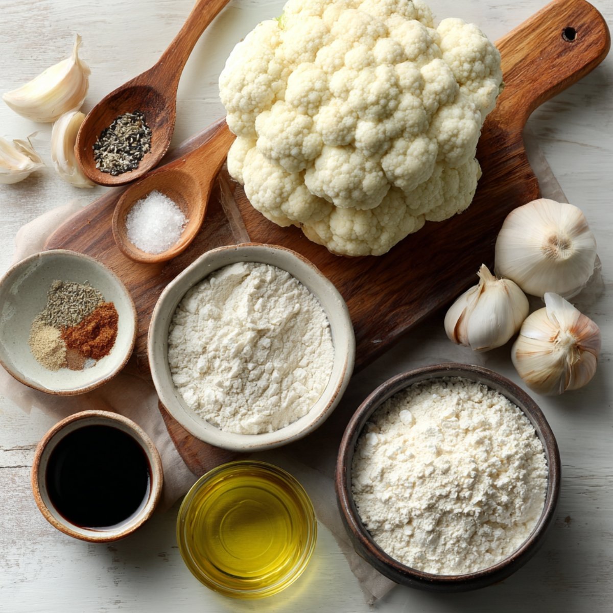 "Fresh cauliflower head surrounded by garlic cloves, flour, olive oil, soy sauce, and spice mix on wooden board."