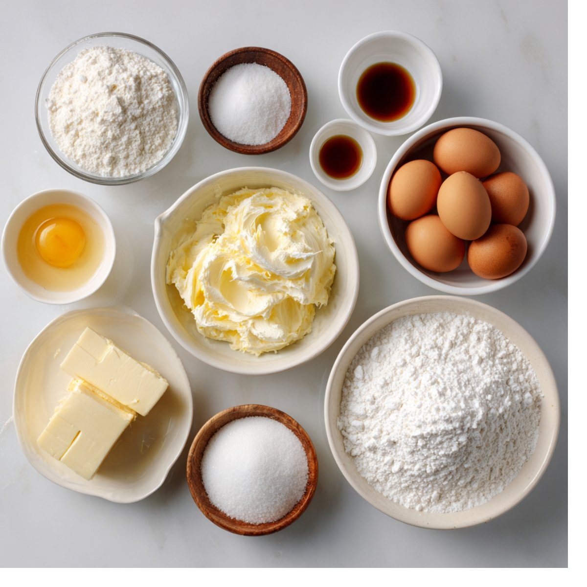 Assorted baking ingredients including butter, flour, eggs, sugar, and vanilla extract in bowls.