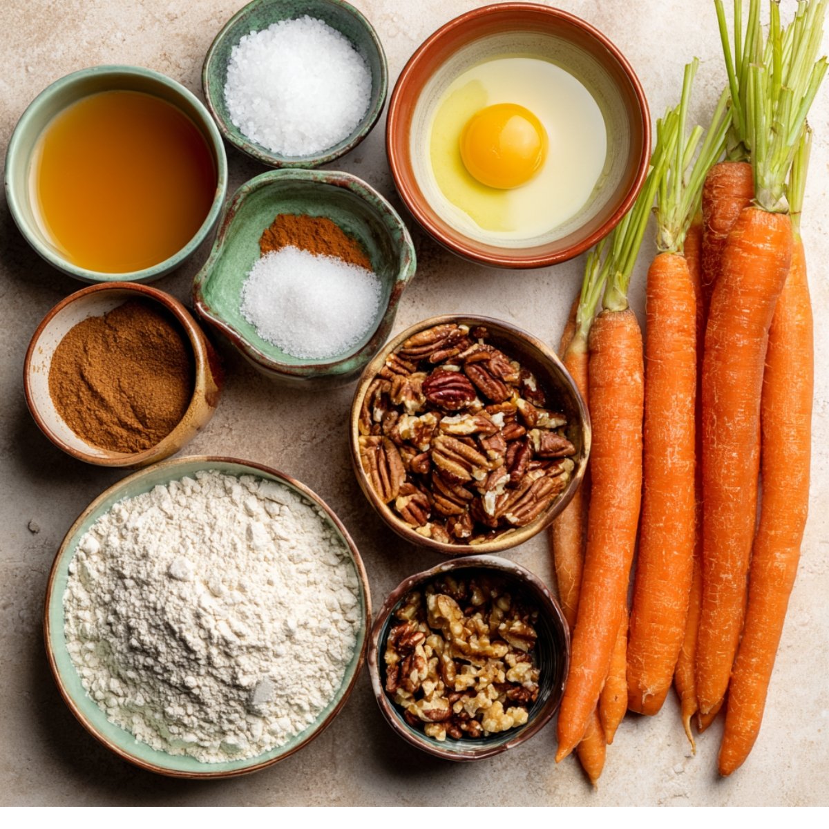 Fresh carrots, flour, eggs, pecans, walnuts, and spices displayed in small bowls for carrot cake.