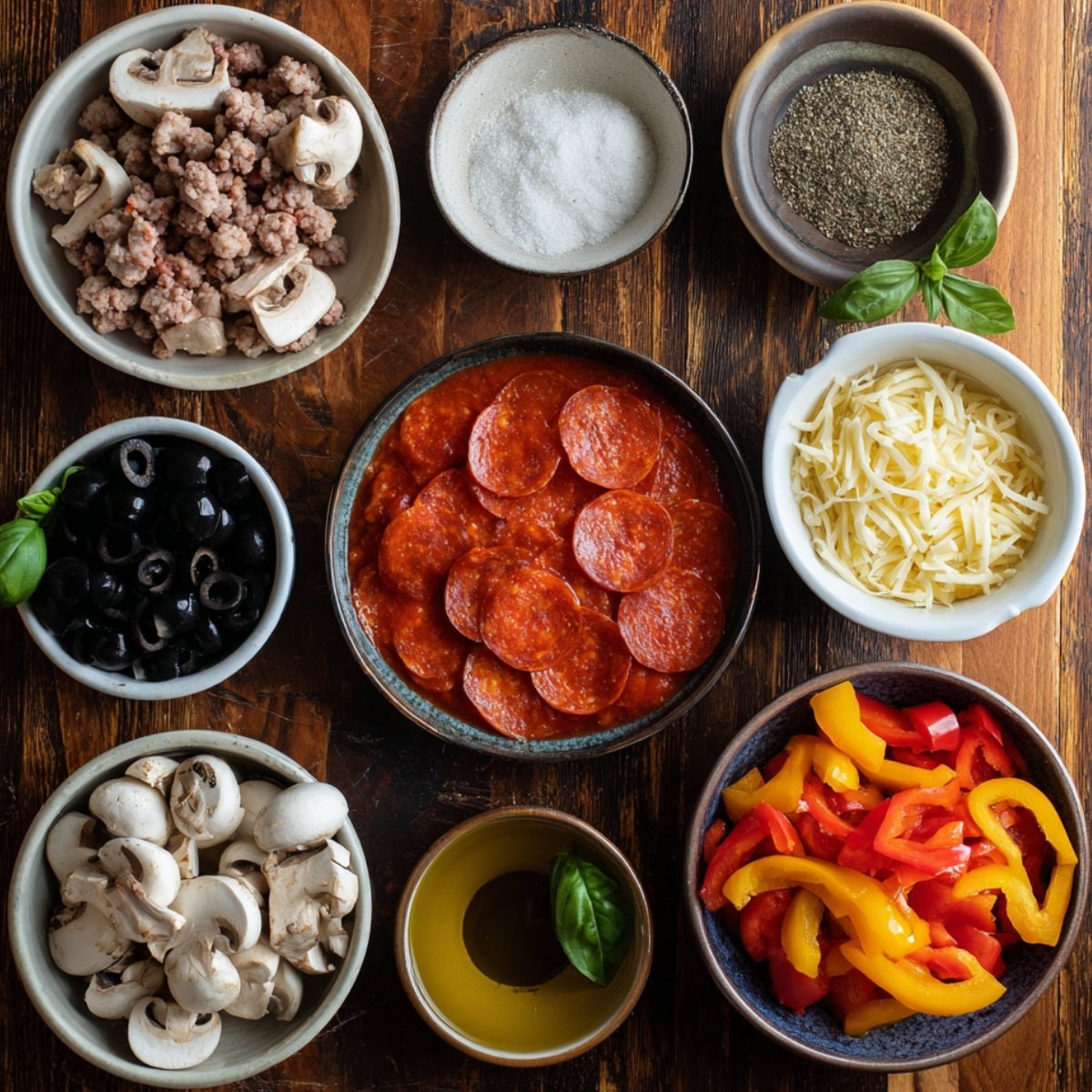 Flat lay of pizza pocket ingredients including pepperoni, bell peppers, black olives, mushrooms, ground meat, shredded cheese, olive oil, salt, and pepper.