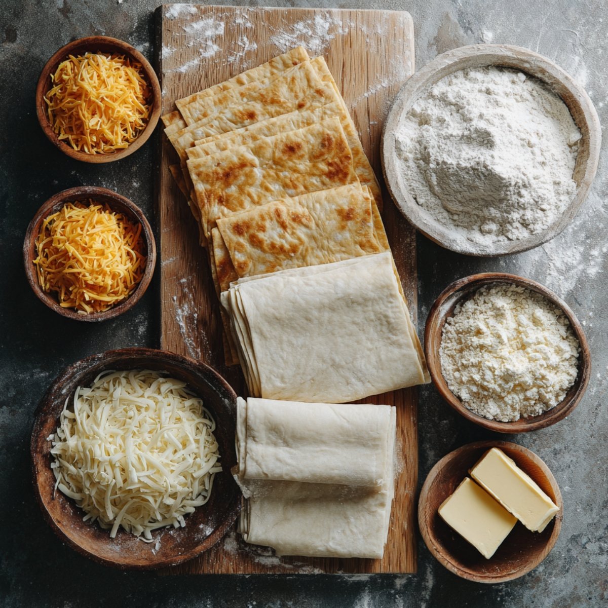 Various dough options, shredded cheeses, flour, butter, and flatbreads arranged on a wooden board and countertop for making cheesy pizza pockets.