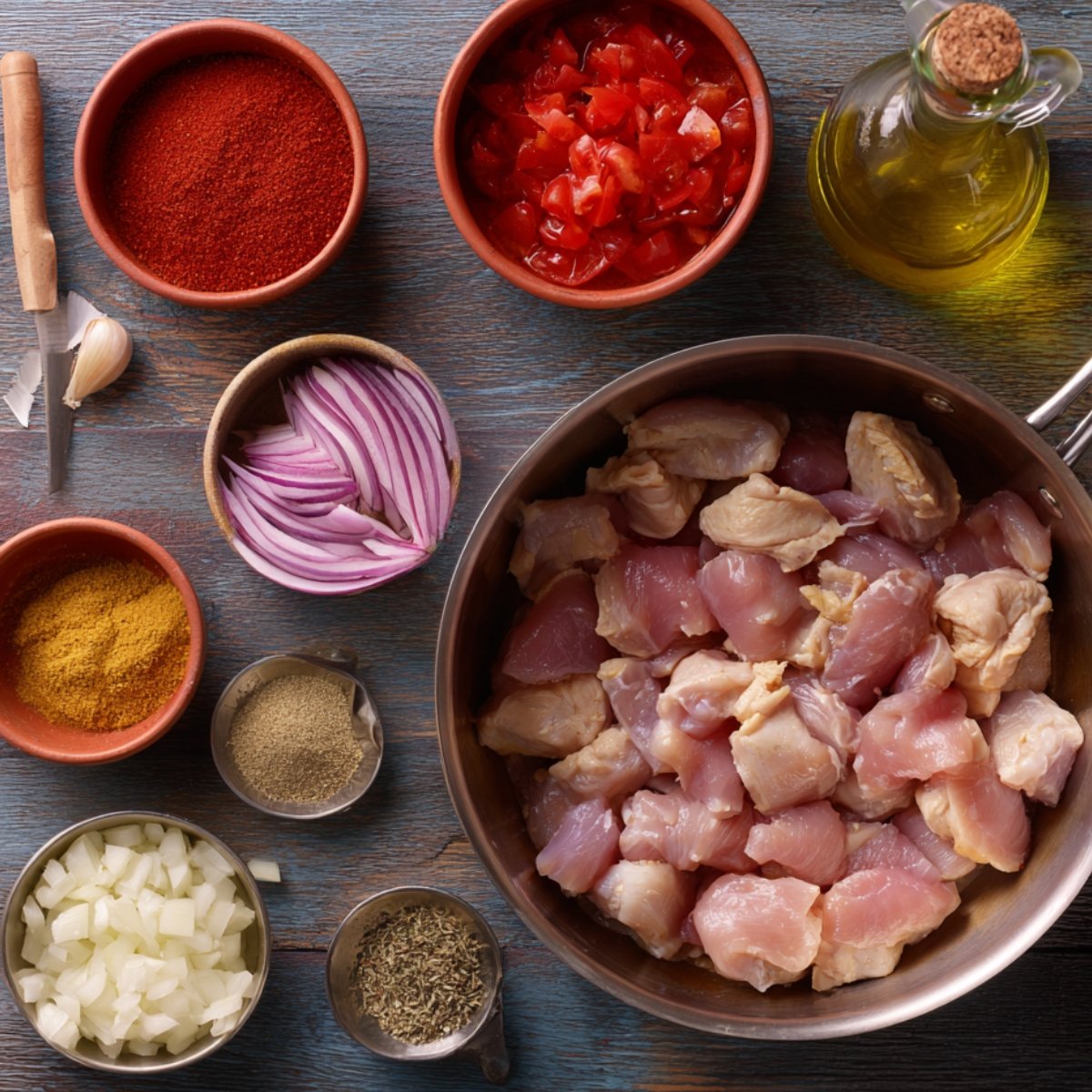 Raw diced chicken pieces in a bowl surrounded by spices, chopped onions, sliced red onions, tomatoes, garlic, and olive oil, laid out for cooking.