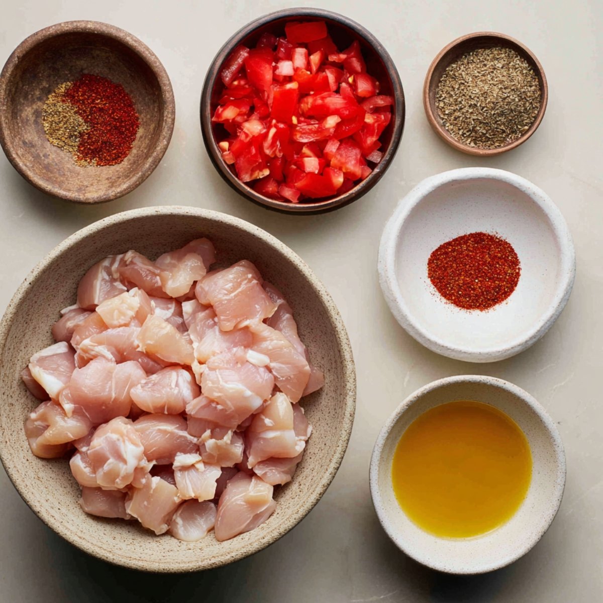 A bowl of raw chicken cubes placed alongside small bowls of chopped tomatoes, chili powder, ground spices, and a bowl of cooking oil.