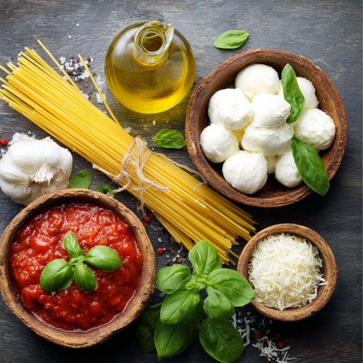 Ingredients for chicken parmesan arranged on a dark wooden surface: dry spaghetti pasta, fresh mozzarella balls, grated parmesan, a bowl of tomato sauce, garlic, fresh basil leaves, and a bottle of olive oil.