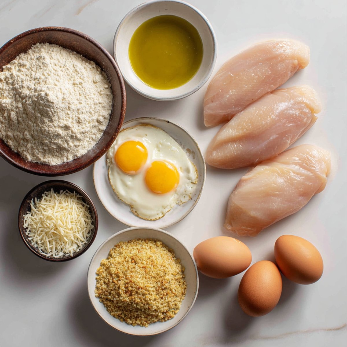 Uncooked ingredients for chicken parmesan on a light surface: raw chicken breasts, flour, eggs, olive oil, grated parmesan, and bread crumbs.