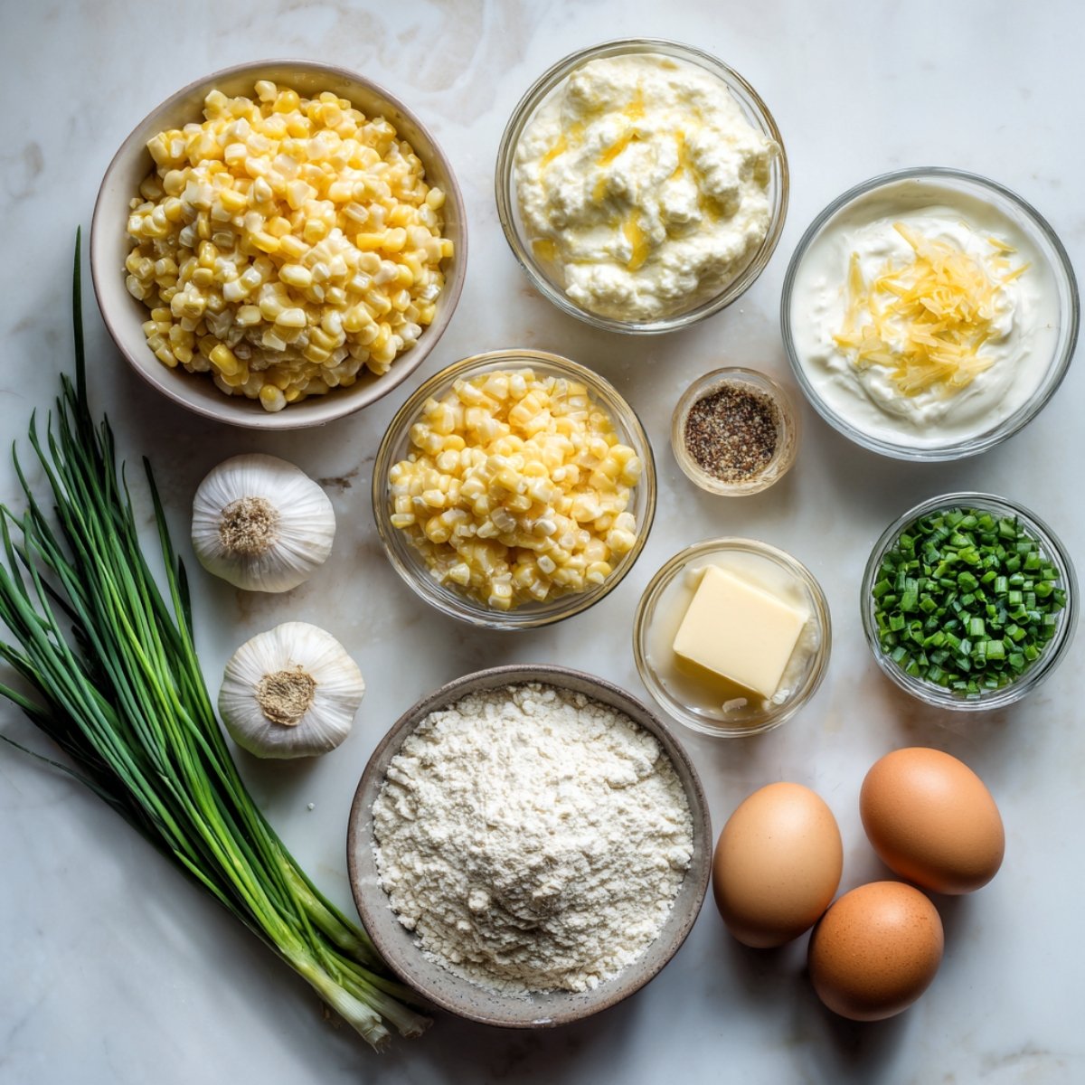 An assortment of corn soufflé ingredients on a marble surface: fresh corn kernels, flour, butter, eggs, garlic bulbs, chives, sour cream, cheese, and seasonings.