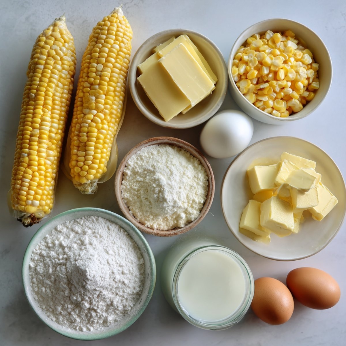Fresh corn on the cob, corn kernels, eggs, butter cubes, milk, flour, and cheese arranged in bowls and plates on a kitchen counter, ready for baking.