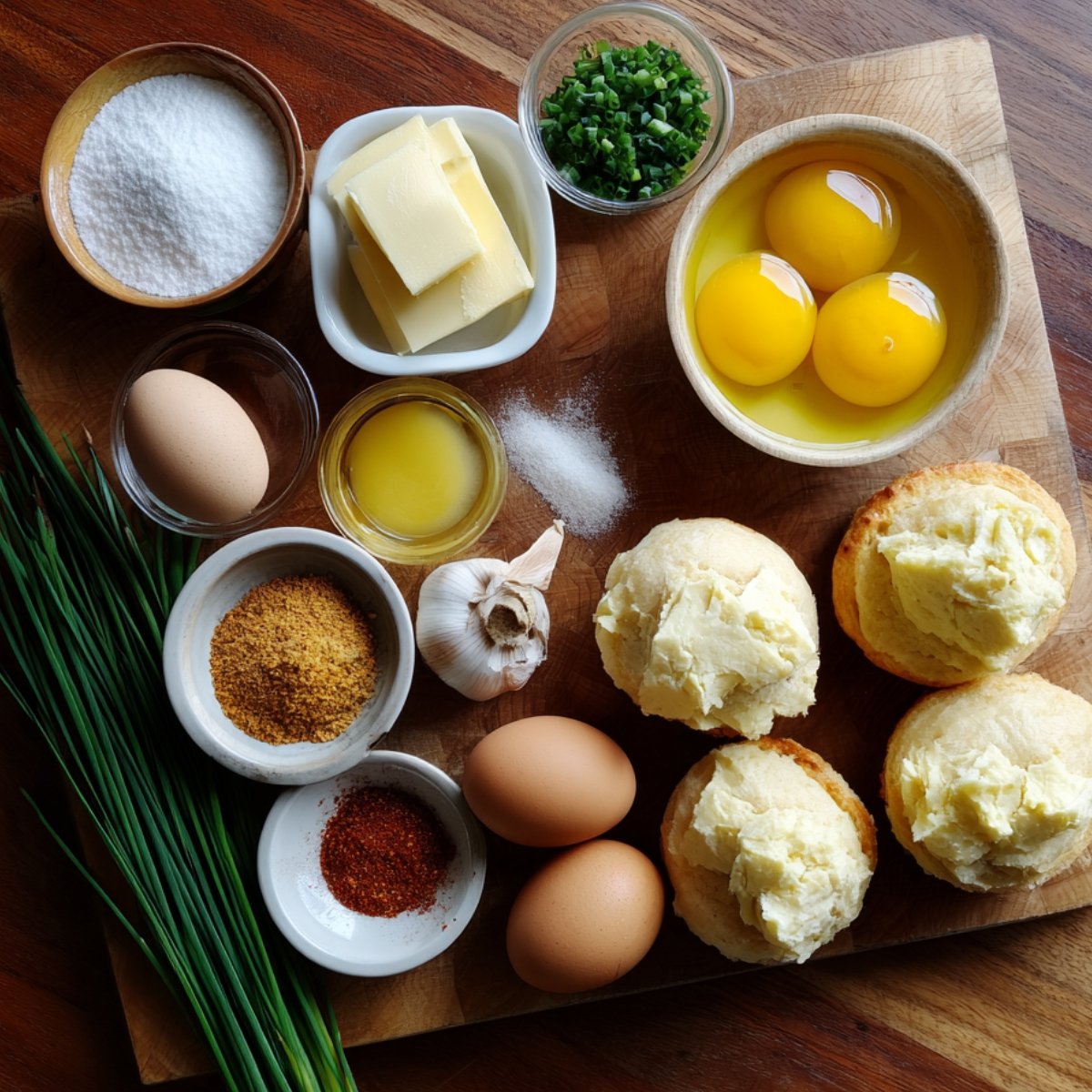 A wooden board with baking ingredients including eggs, butter, garlic, chives, spices, oil, biscuits, and seasonings arranged neatly in small bowls.
