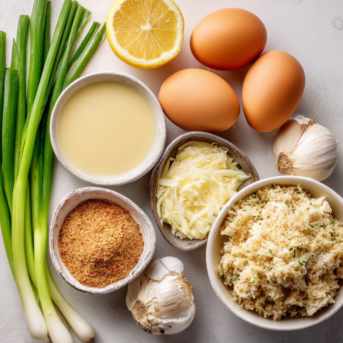 Fresh ingredients for crab cakes including breadcrumbs, shredded cheese, garlic, eggs, lemon, scallions, and seasoning arranged on a countertop.