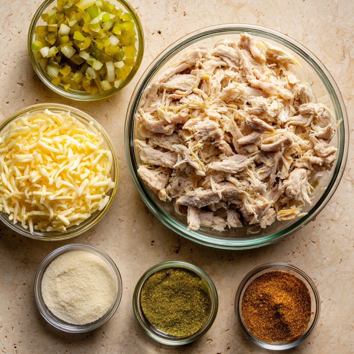 Ingredients for chicken filling including shredded cooked chicken, shredded cheese, chopped green chilies, and small bowls of spices.