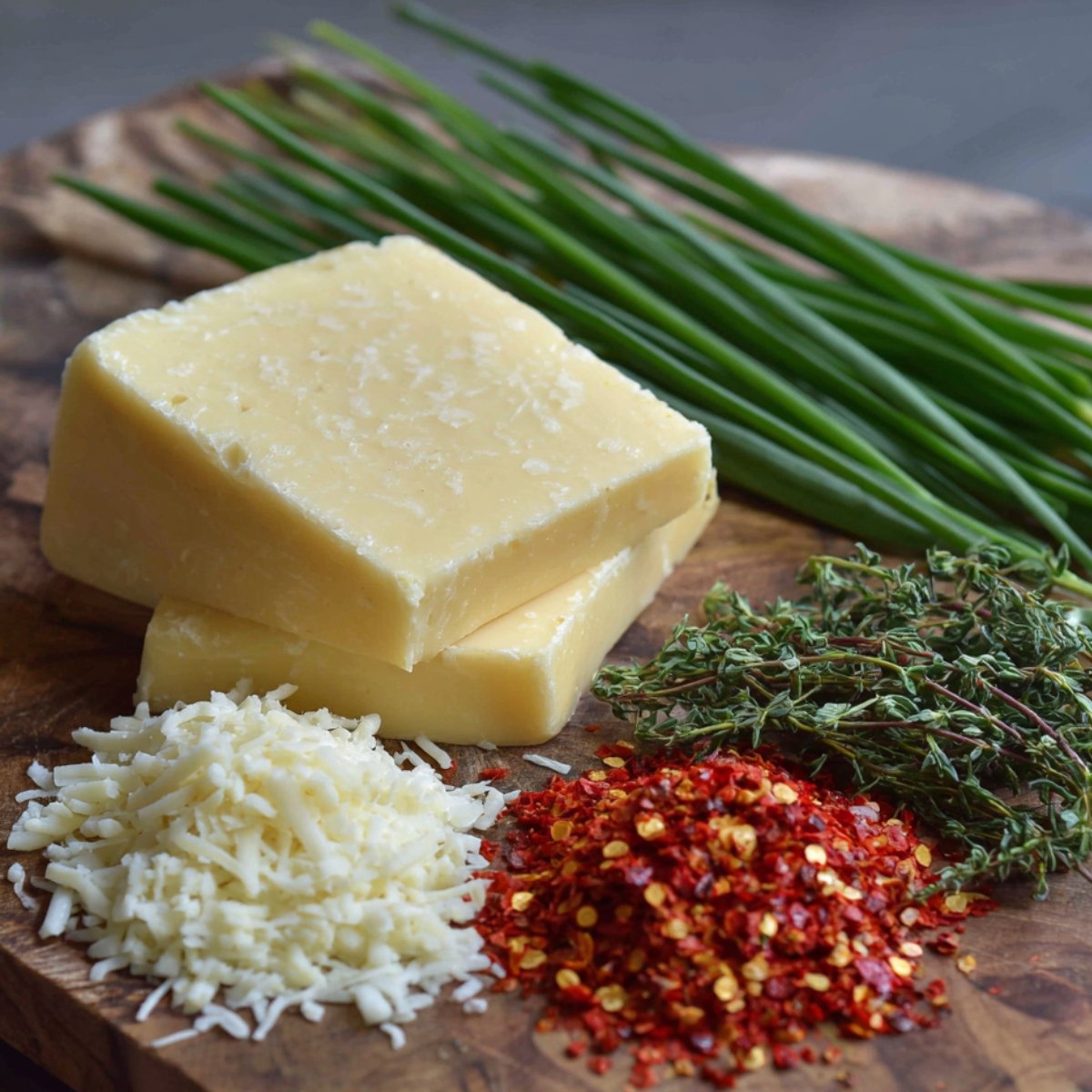 Gruyere cheese blocks, shredded mozzarella, crushed red pepper, and fresh herbs ready for cooking.