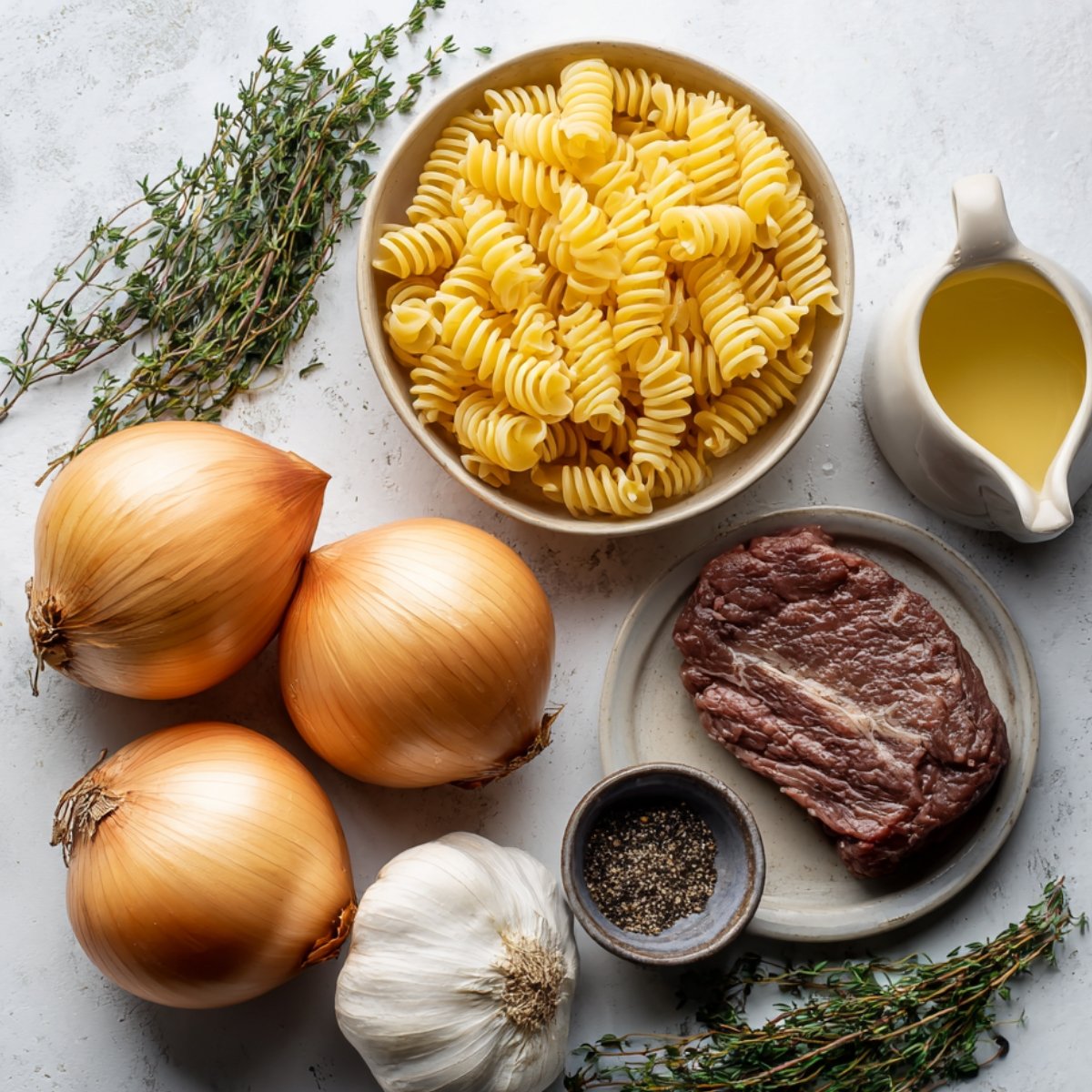 Fresh yellow onions, pasta, garlic, beef, black pepper, broth, and thyme laid out for the recipe.
