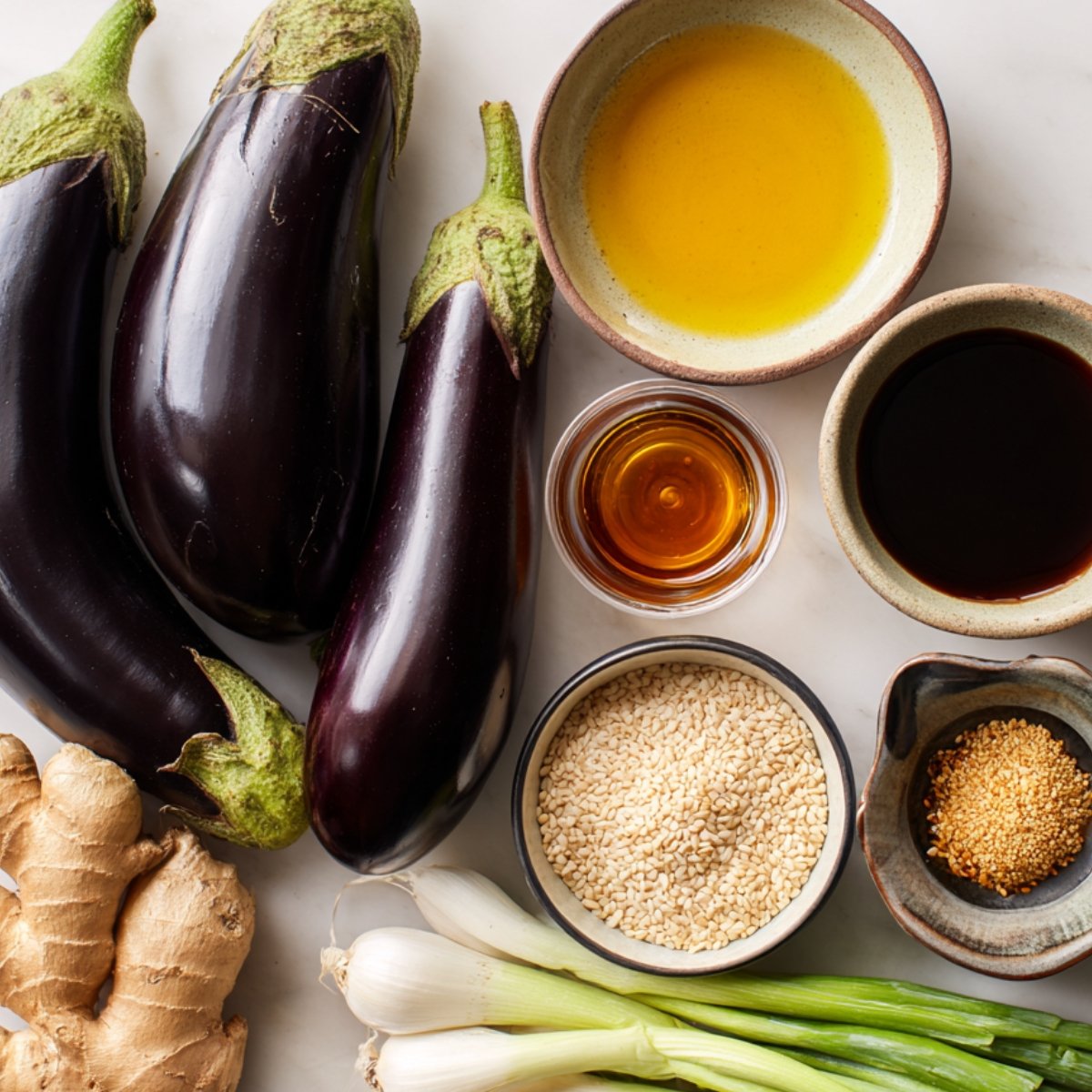 Fresh ingredients for Japanese eggplant stir-fry including whole eggplants, sesame seeds, scallions, fresh ginger, sesame oil, soy sauce, and seasonings.