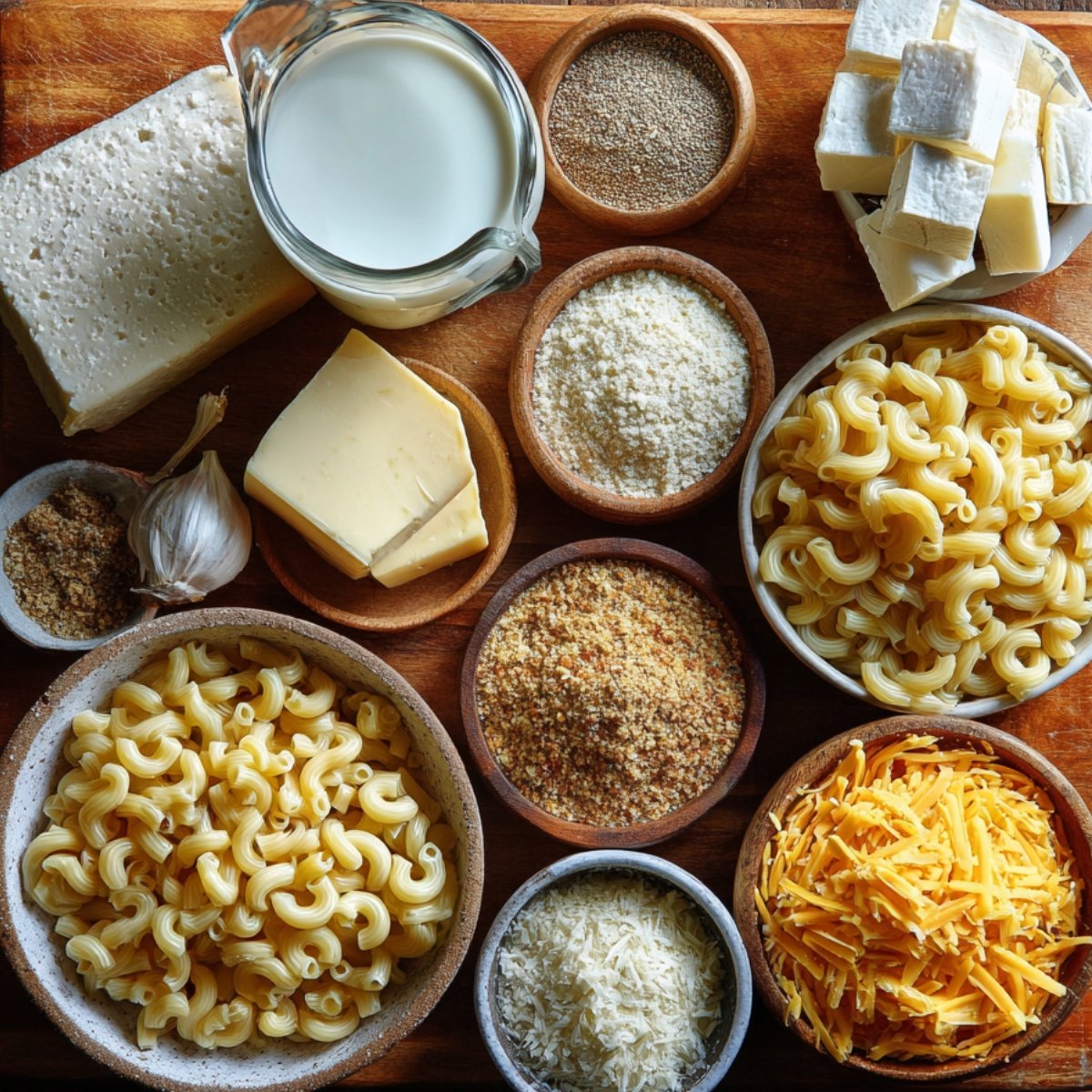 A wooden board with ingredients for macaroni and cheese including uncooked pasta, shredded cheddar, parmesan, breadcrumbs, milk, butter, garlic, and blocks of cheese.