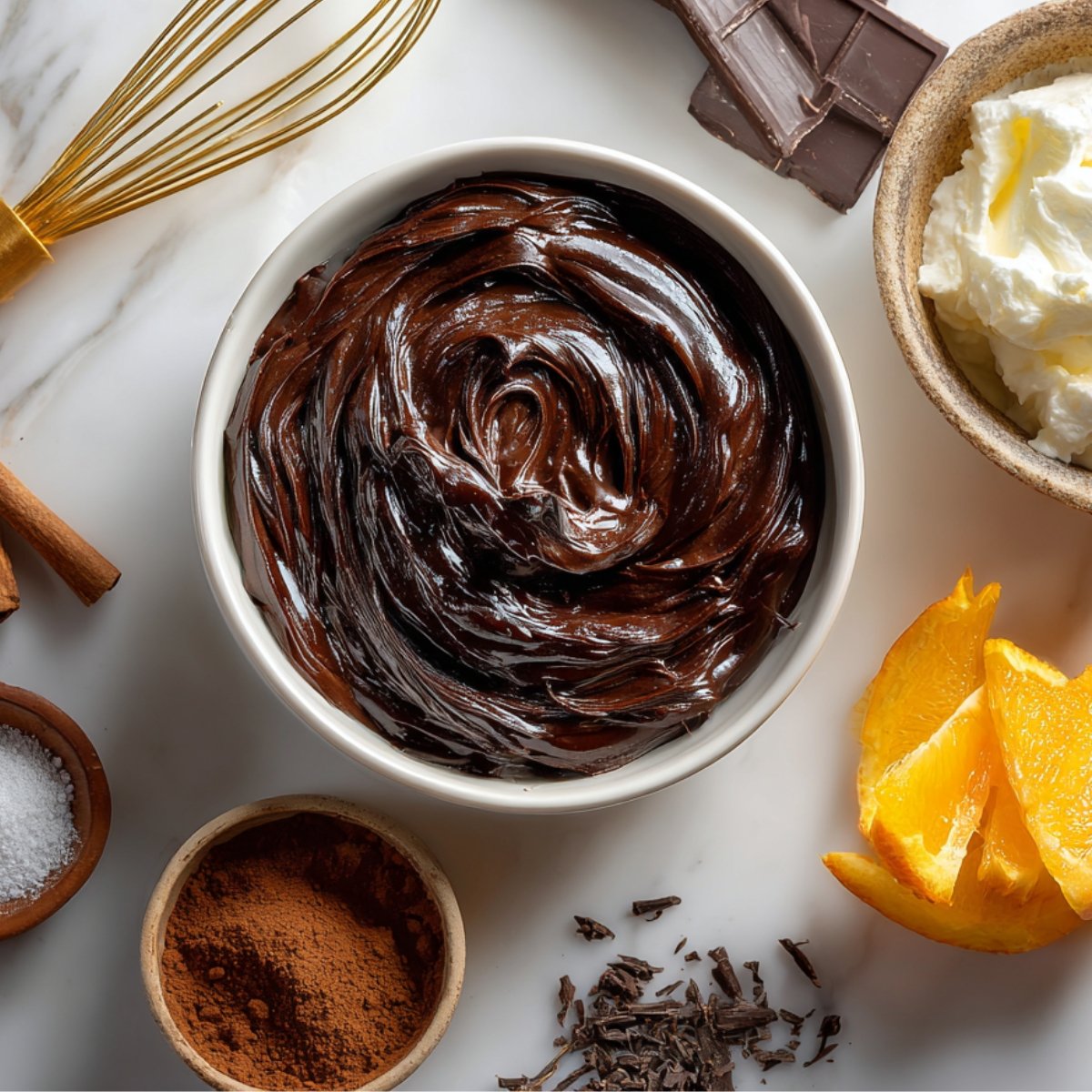 A bowl of glossy chocolate ganache surrounded by cocoa powder, orange slices, whipped cream, cinnamon, and chocolate pieces.