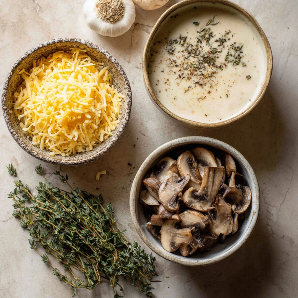 Cheddar cheese, cream of mushroom soup, mushrooms, and thyme laid out in bowls as casserole ingredients.