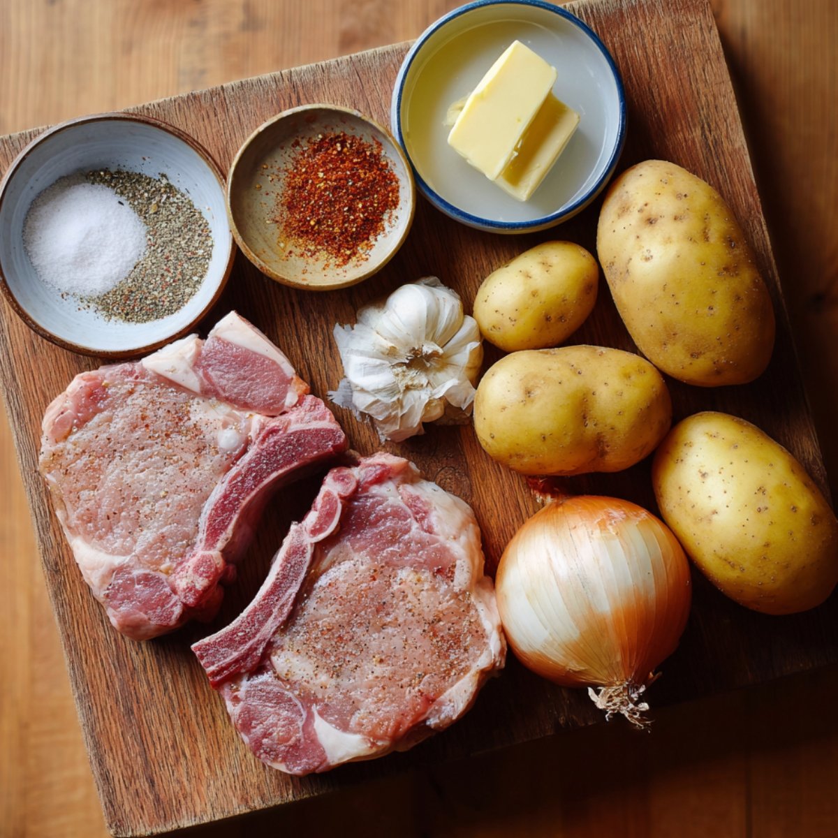 Pork chops, potatoes, onion, garlic, butter, and spices on wooden board as ingredients for casserole.