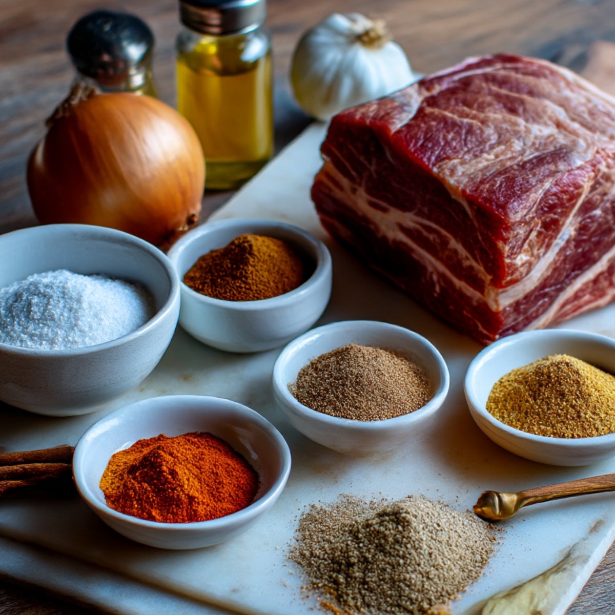 Raw pork shoulder on a cutting board surrounded by small bowls of spices, salt, onion, garlic, and olive oil.