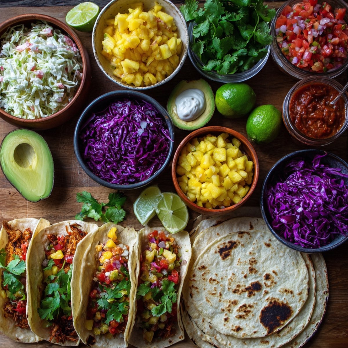 A colorful taco spread with tortillas, shredded cabbage, diced pineapple, salsa, avocado, cilantro, limes, and assembled tacos filled with shrimp and toppings.