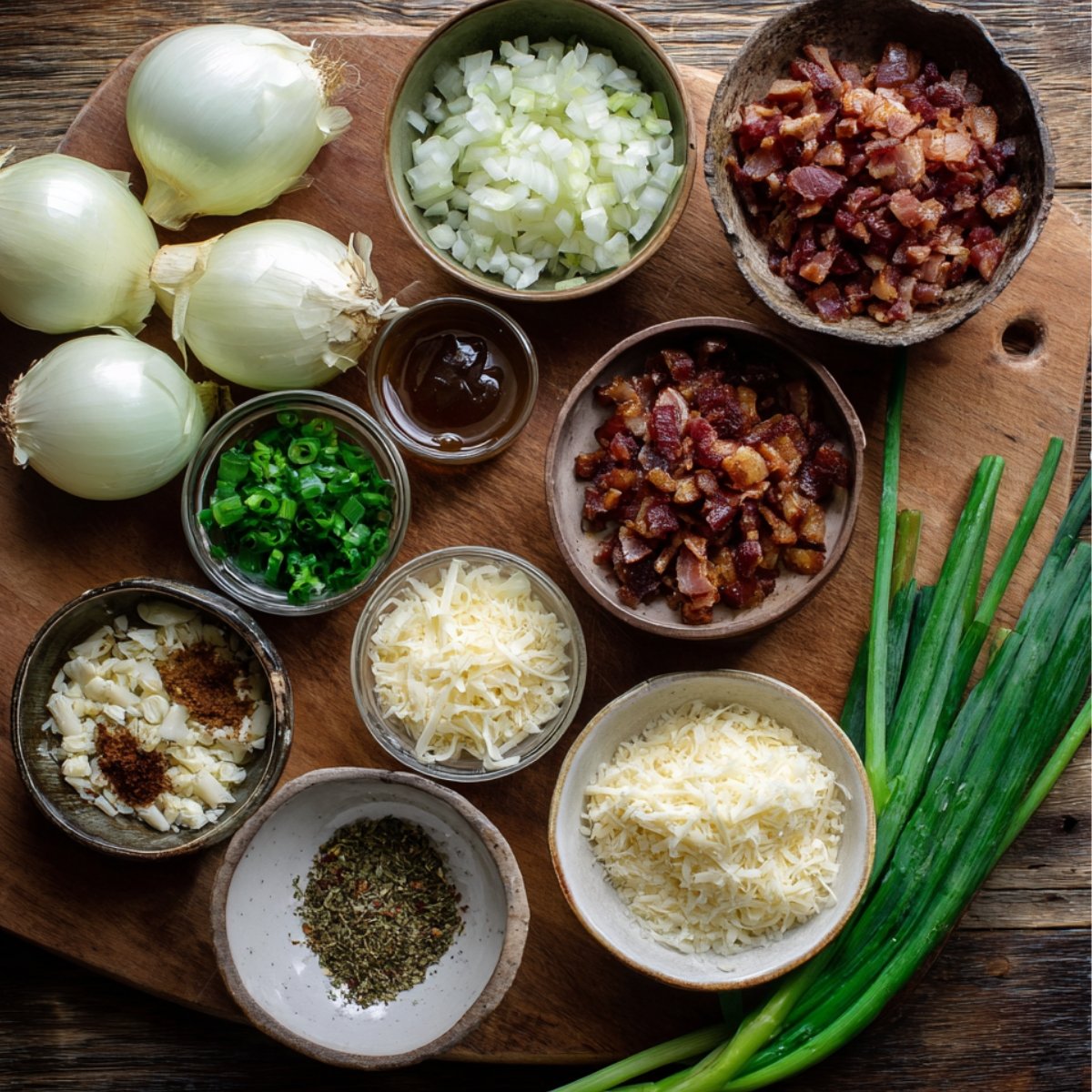 Overhead view of assorted ingredients for vegan meatballs, including onions, chopped scallions, cheese alternatives, herbs, and spices.