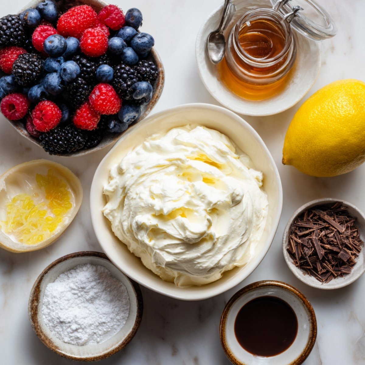 Ingredients for crepe cake filling, including whipped cream, fresh mixed berries, honey, lemon, powdered sugar, vanilla, and chocolate shavings.